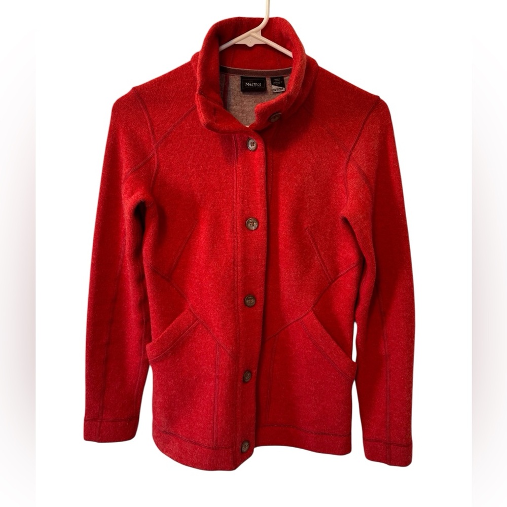 Marmot Womens Button Up Front Fleece Jacket Size XS Vibrant Red 2 Front Pockets
